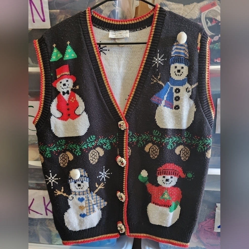 Vintage Sweater Loft Snowman Christmas Holiday Vest Large Buttons Women's M EUC